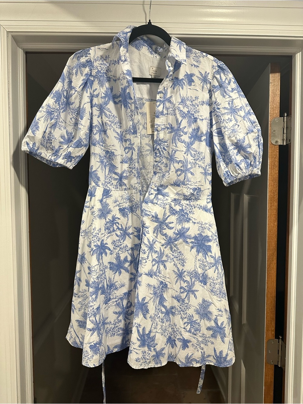 a new day Blue & White Tropical Button-Front Shirt Dress